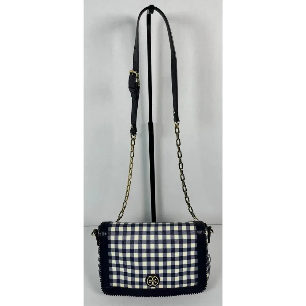 Tory Burch Navy White Gingham Chain Shoulder Crossbody Bag
